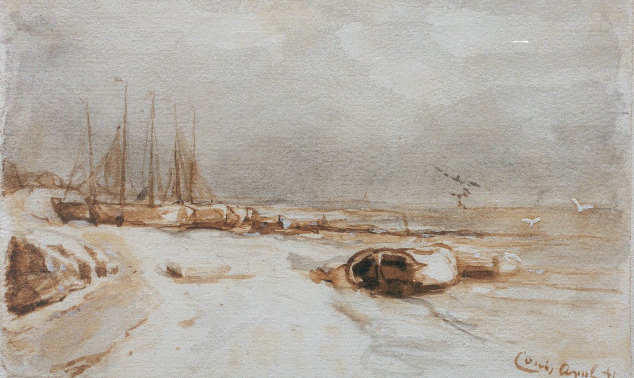 Apol L.F.H.  | Lodewijk Franciscus Hendrik 'Louis' Apol, Moored boats in winter, Getuschte Tinte und Aquarell auf Papier 11,0 x 18,0 cm, signed l.r.