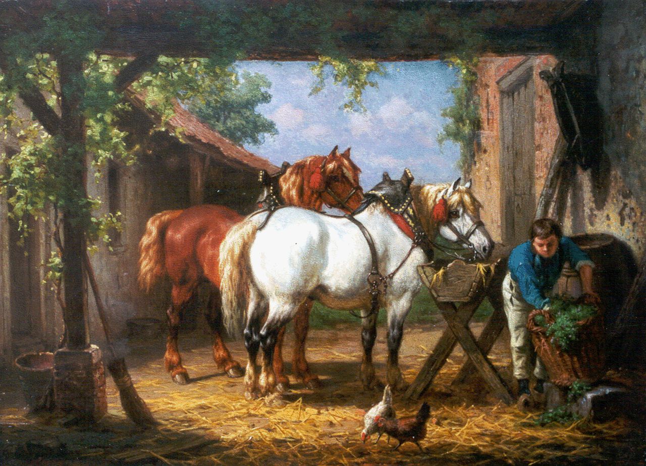 Boogaard W.J.  | Willem Johan Boogaard, Feeding the horses, Öl auf Holz 30,1 x 41,2 cm, signed l.l.