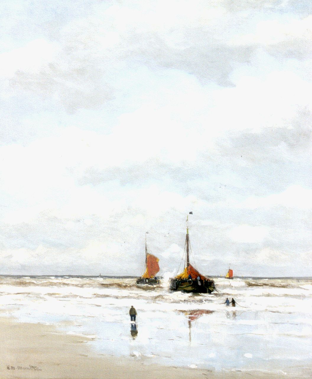 Munthe G.A.L.  | Gerhard Arij Ludwig 'Morgenstjerne' Munthe, 'Bomschuiten' in the surf, Öl auf Leinwand 76,2 x 63,5 cm, signed l.l.