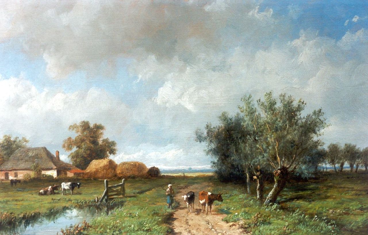 Wijngaerdt A.J. van | Anthonie Jacobus van Wijngaerdt, A cowherdess on a path, Öl auf Holz 15,9 x 26,0 cm, signed l.l.