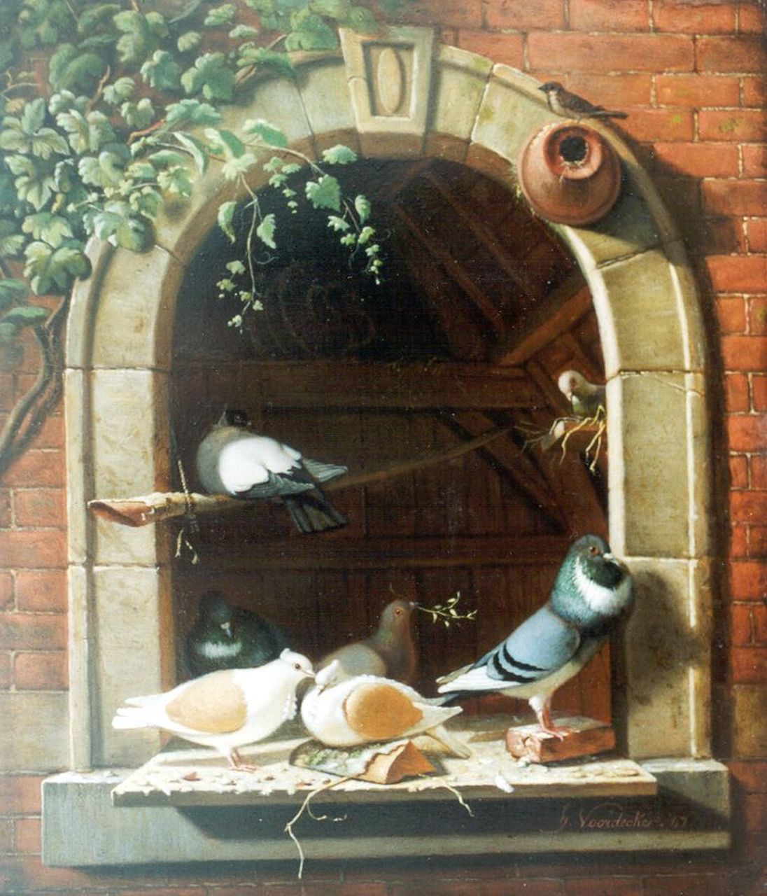 Voordecker H.  | Henri Voordecker, Pigeons on a windowstill, Öl auf Holz 29,3 x 24,8 cm, signed l.r. und dated '47
