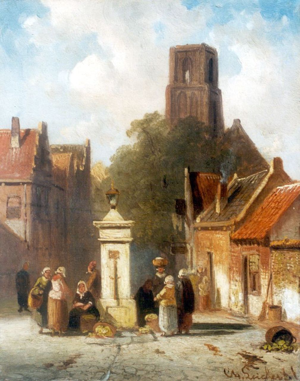Leickert C.H.J.  | 'Charles' Henri Joseph Leickert, A village square with vegetable-seller, Öl auf Holz 16,1 x 12,8 cm, signed l.r.