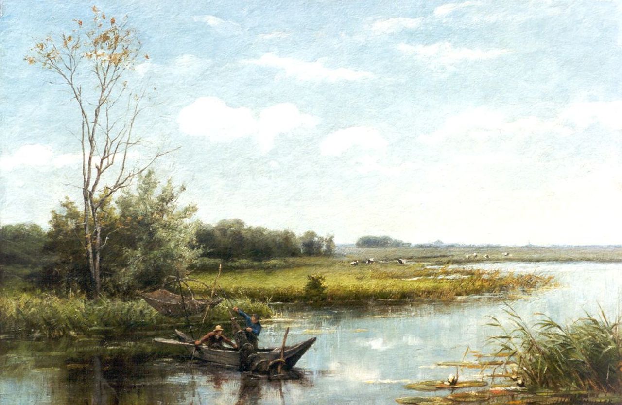 Wijsmuller J.H.  | Jan Hillebrand Wijsmuller, Fishermen in a river landscape, Öl auf Holz 31,3 x 48,1 cm, signed l.r.