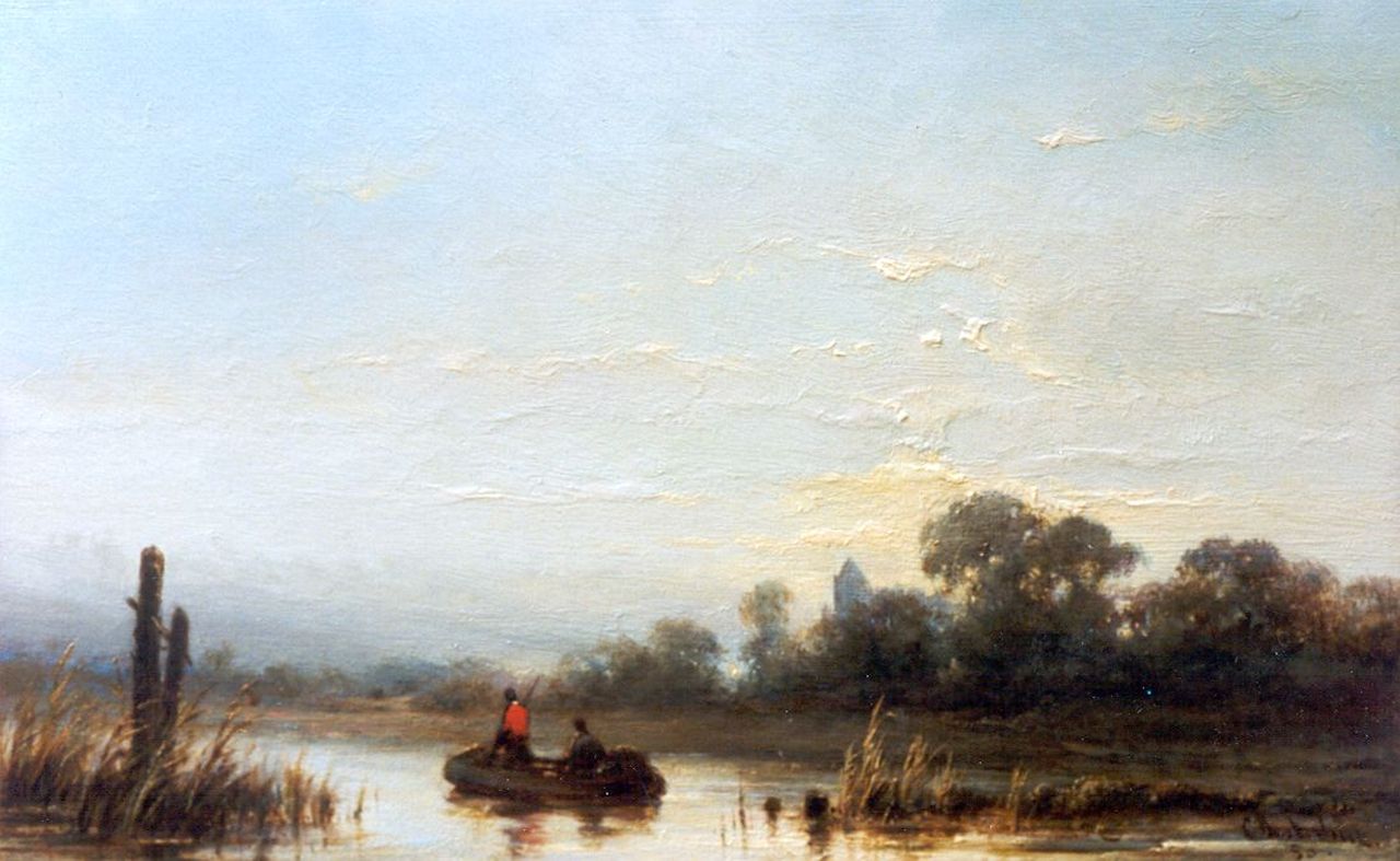 Westerbeek C.  | Cornelis Westerbeek, A river landscape with anglers in a boat, Öl auf Holz 15,6 x 25,1 cm, signed l.r. und dated '80