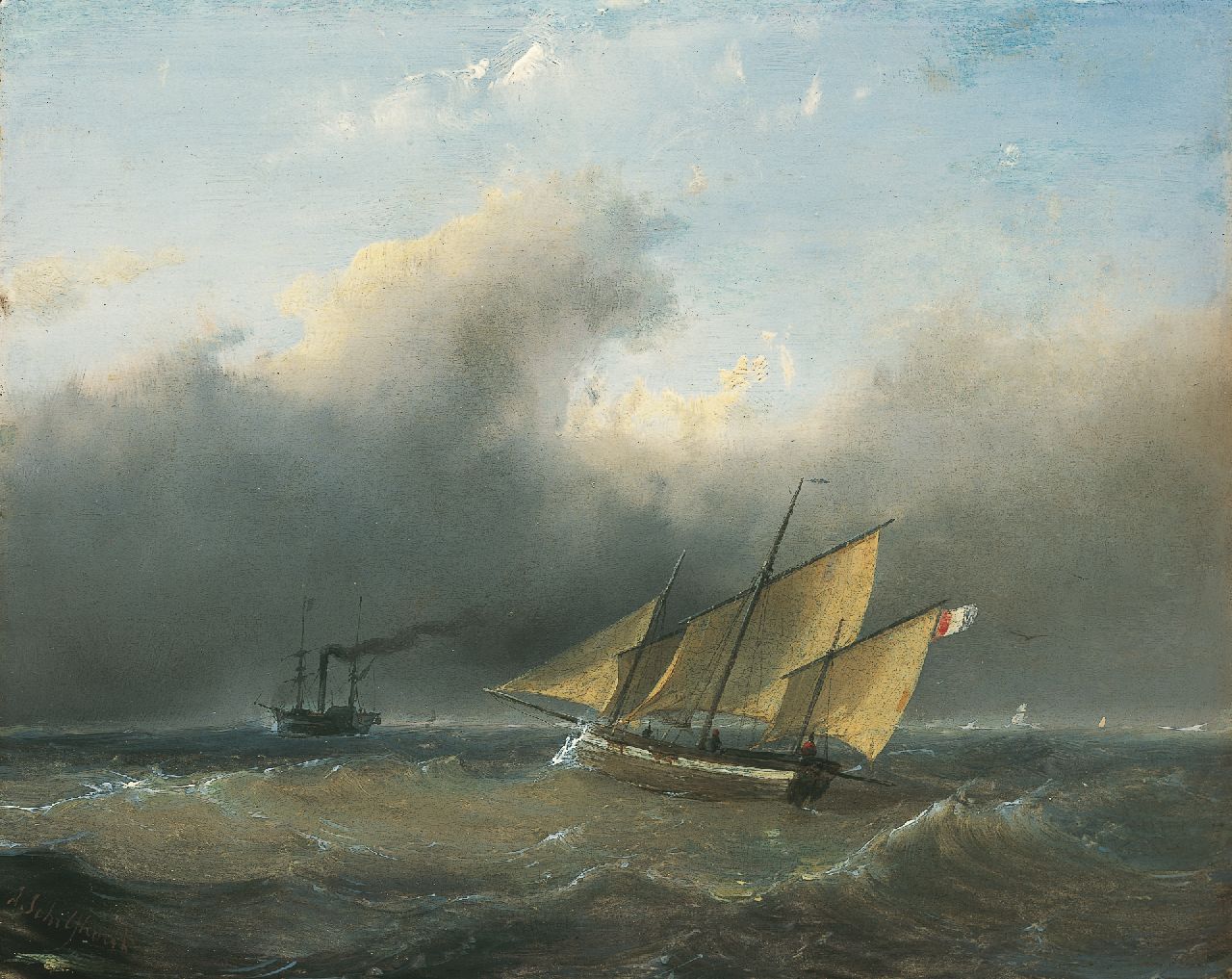 Schelfhout A.  | Andreas Schelfhout, Shipping on choppy waters, Öl auf Holz 21,2 x 26,6 cm, signed l.l.