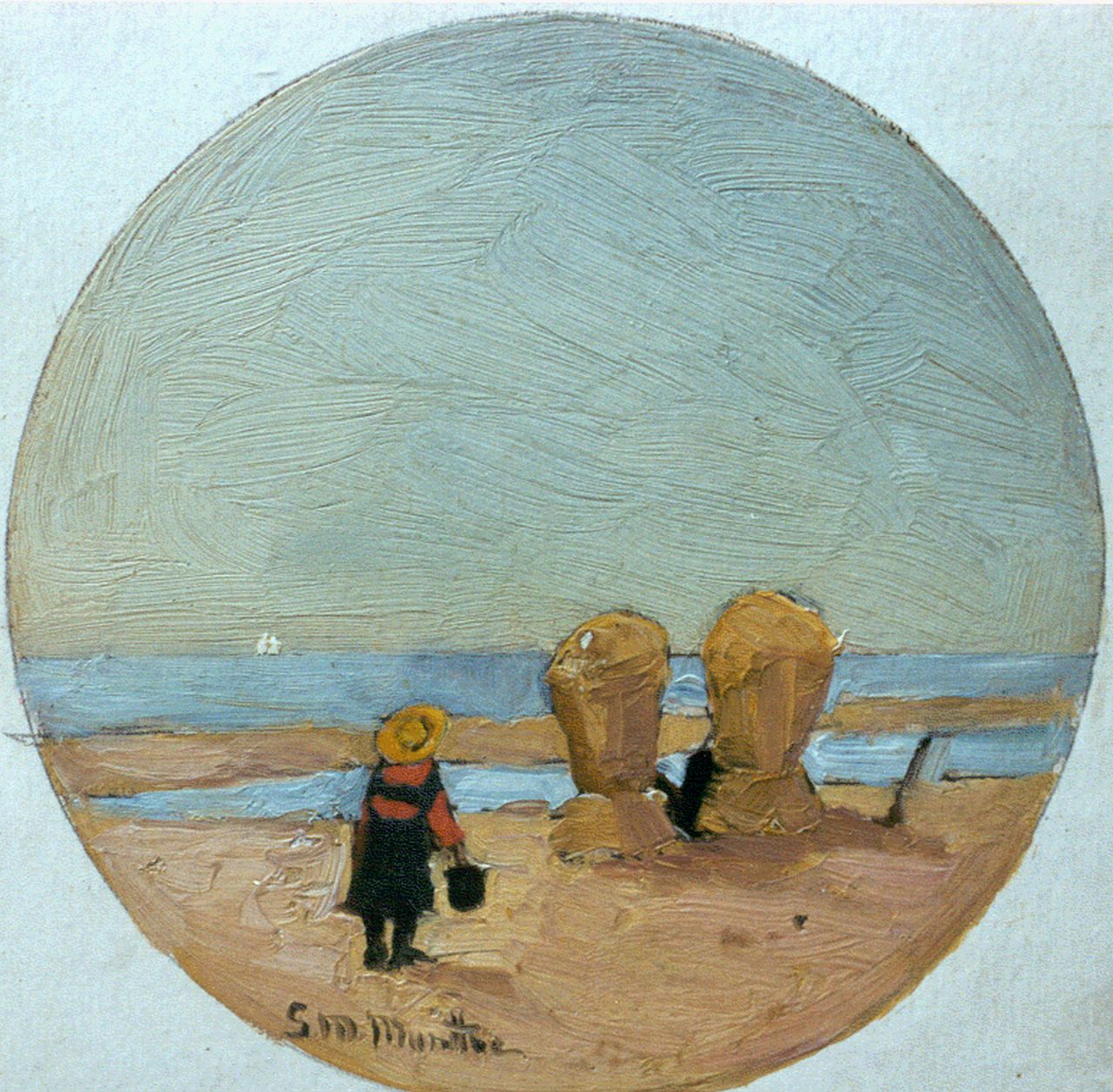 Munthe G.A.L.  | Gerhard Arij Ludwig 'Morgenstjerne' Munthe, A little girl on the beach, 16,9 x 16,0 cm, signed l.l.