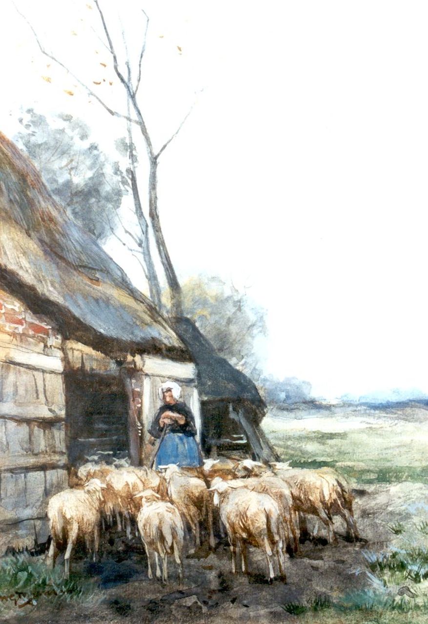 Jansen W.G.F.  | 'Willem' George Frederik Jansen, A shepherdess with her flock, Aquarell auf Papier 33,5 x 24,0 cm, signed l.l.