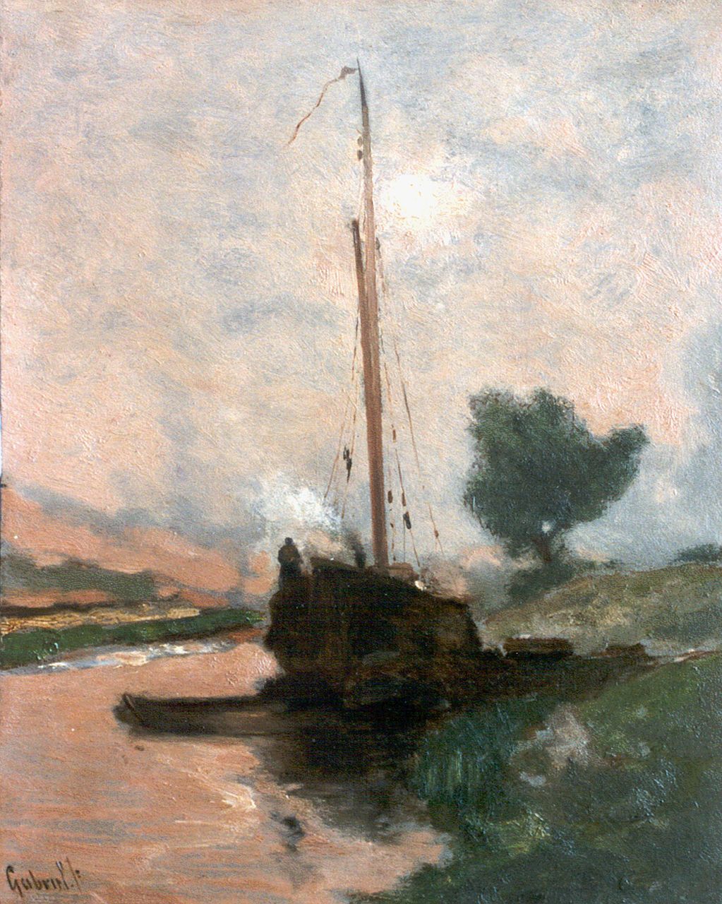Gabriel P.J.C.  | Paul Joseph Constantin 'Constan(t)' Gabriel, Moored boat, Öl auf Holz 29,5 x 23,5 cm, signed l.l.