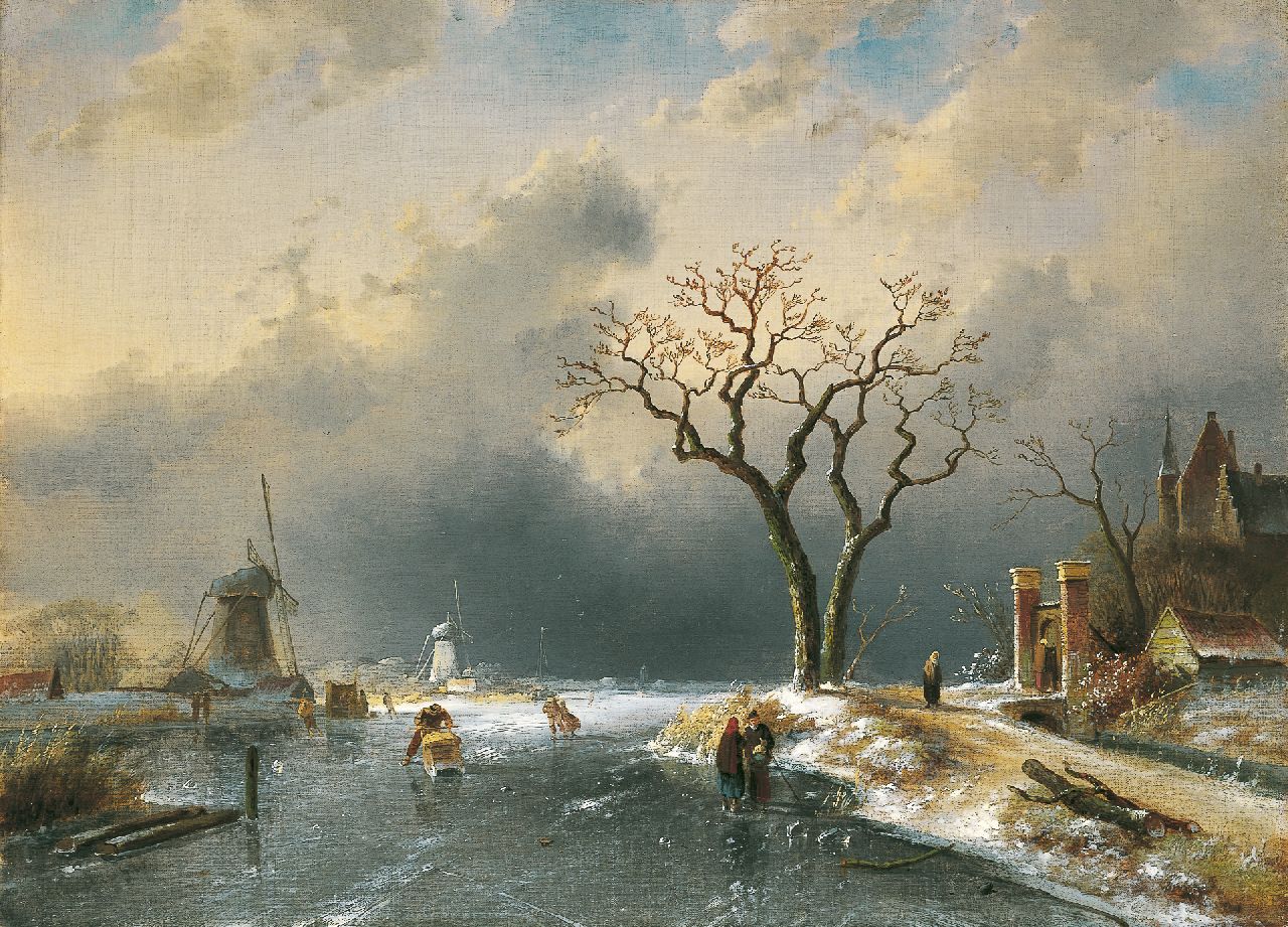 Leickert C.H.J.  | 'Charles' Henri Joseph Leickert, A winter landscape with skaters and a 'koek en zopie', Öl auf Leinwand 43,5 x 60,0 cm, signed l.l. und dated '65