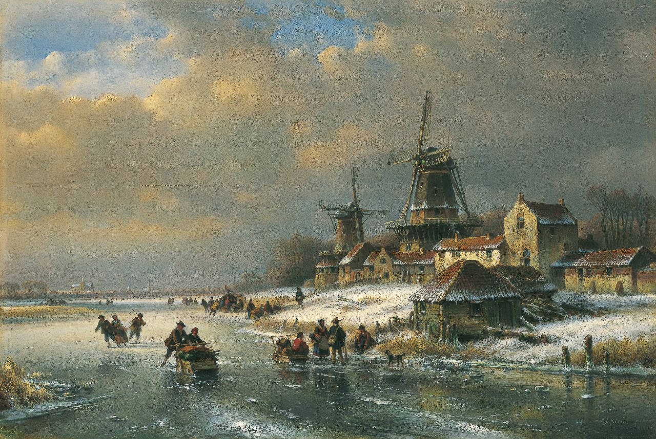 Kleijn L.J.  | Lodewijk Johannes Kleijn, A winter landscape with figures conversing on the ice, Öl auf Holz 49,2 x 73,0 cm, signed l.r.