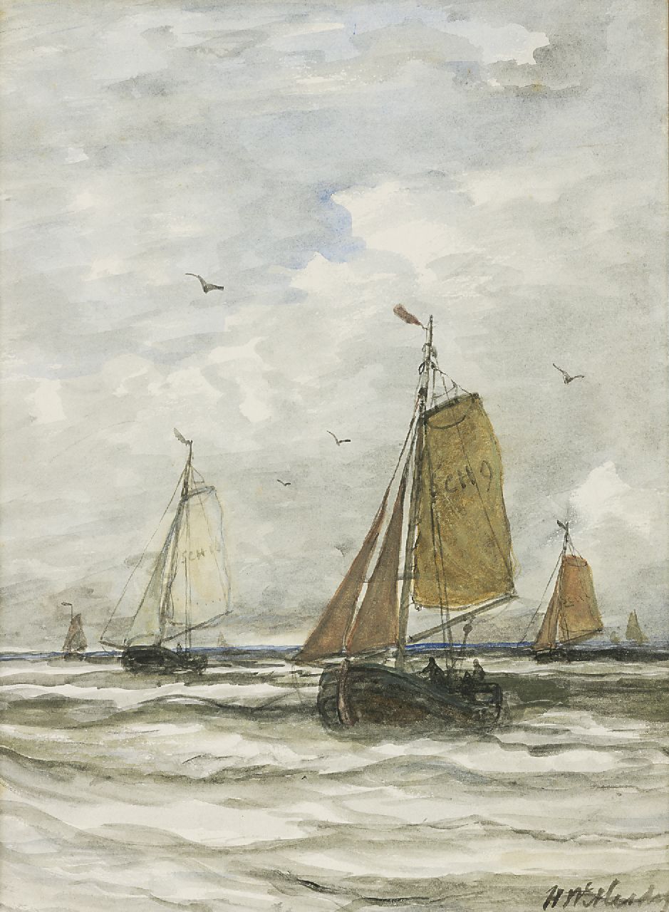 Mesdag H.W.  | Hendrik Willem Mesdag, 'Bomschuiten' from Scheveningen at sea, Aquarell auf Papier 40,6 x 29,5 cm, signed l.r.
