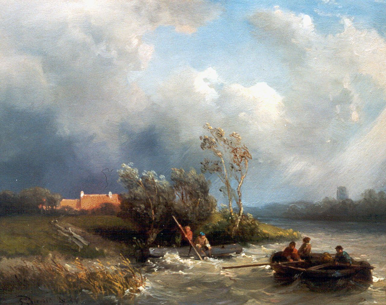 Verveer S.L.  | 'Salomon' Leonardus Verveer, Fishermen in a barge on a choppy river, Öl auf Holz 19,8 x 24,7 cm, signed l.l. und dated '53