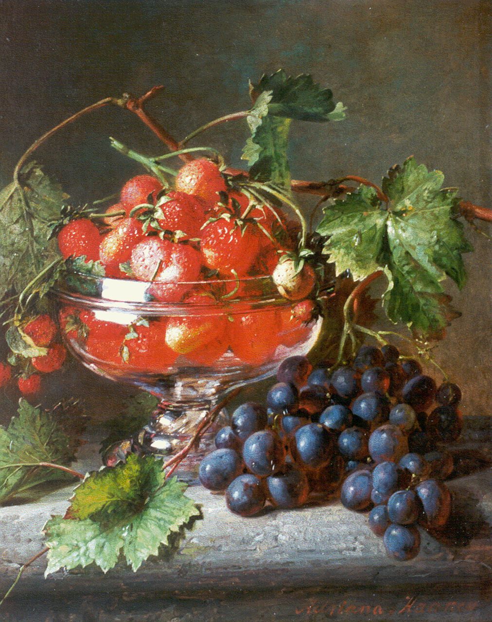 Haanen A.J.  | Adriana Johanna Haanen, A still life with strawberries and grapes, Öl auf Holz 36,0 x 28,7 cm, signed l.r.