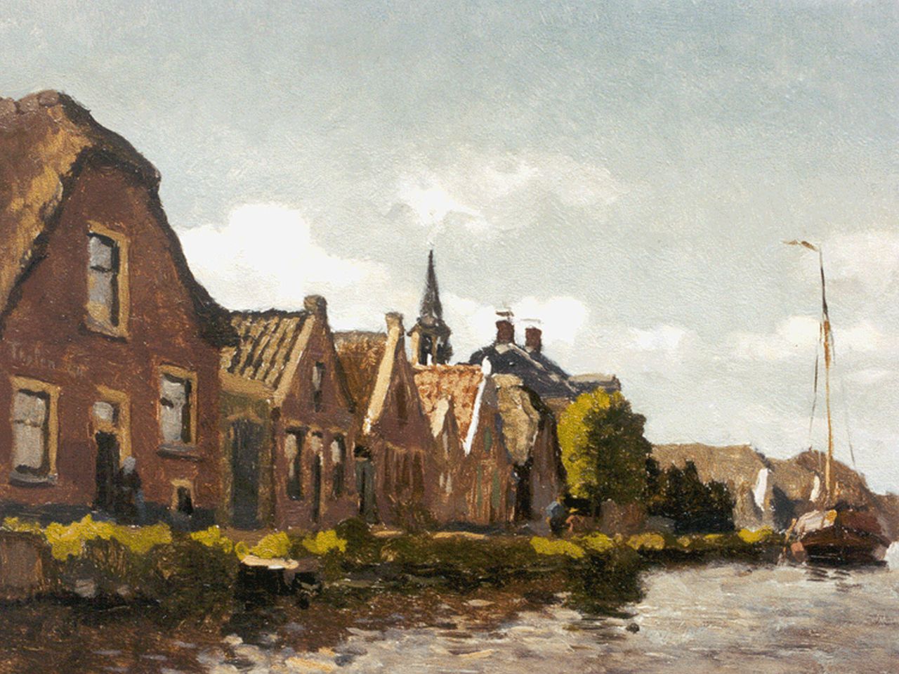 Tholen W.B.  | Willem Bastiaan Tholen, Houses along a waterway, Öl auf Holz 18,8 x 24,5 cm, signed l.c. und dated '04