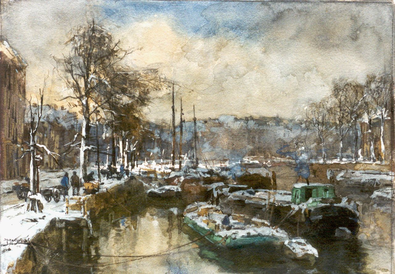 Mastenbroek J.H. van | Johan Hendrik van Mastenbroek, Harbour view in winter, Rotterdam, Schwarze Kreide und Aquarell auf Malerholzfaser 24,5 x 33,3 cm, signed l.l. und dated 1902