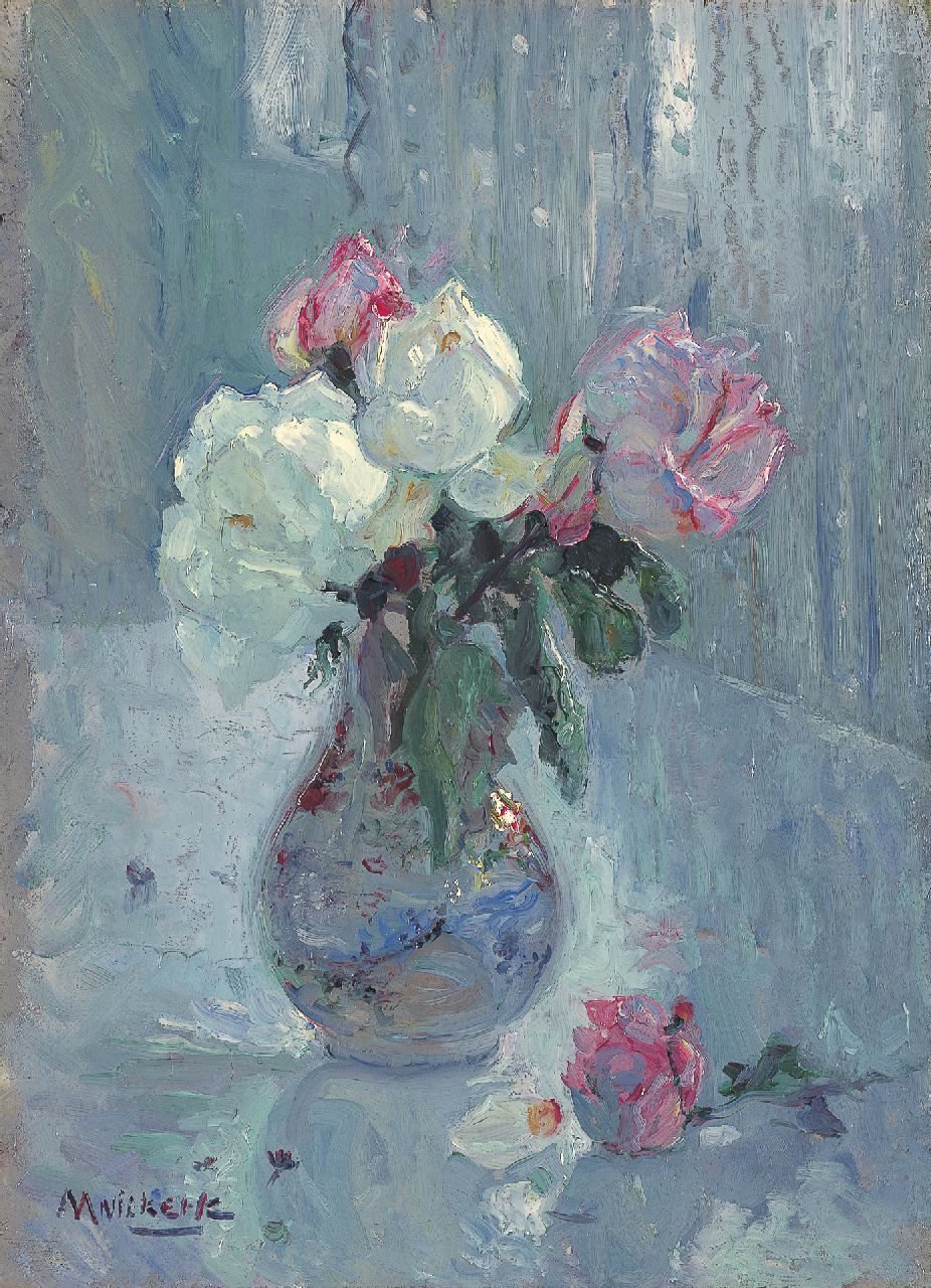 Niekerk M.J.  | 'Maurits' Joseph Niekerk, A still life with roses, Öl auf Leinwand Malereifaser 33,3 x 24,5 cm, signed l.l.