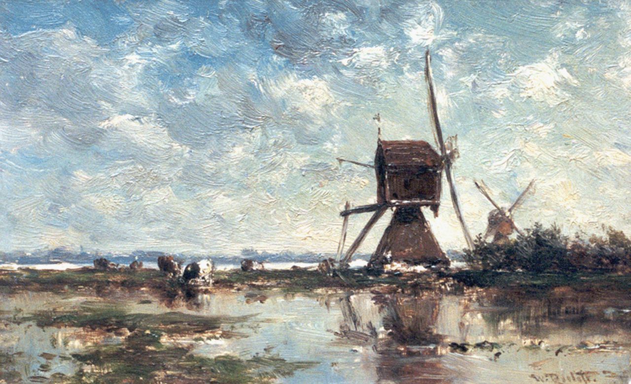Roelofs W.  | Willem Roelofs, Windmills in a polder landscape, Öl auf Holz 12,0 x 19,0 cm, signed l.r.