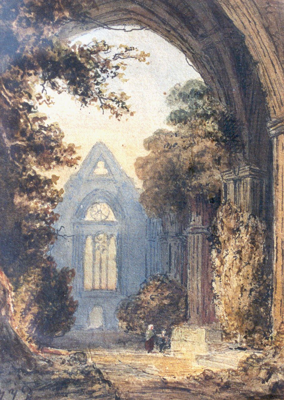 Destrée J.J.  | Johannes Josephus Destrée, A ruin, Tinte und Aquarell auf Papier 15,5 x 11,5 cm, signed l.l. with initials