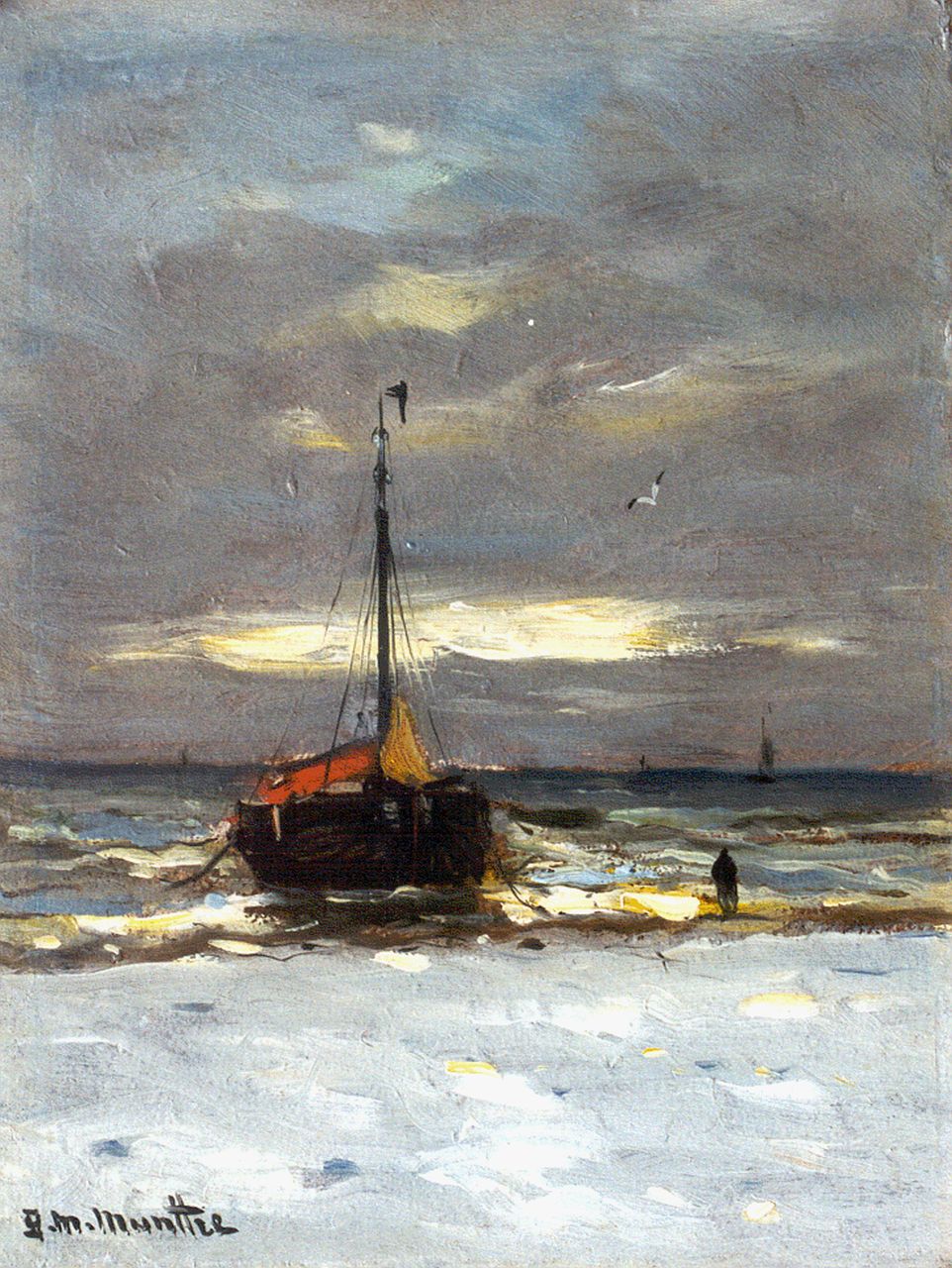 Munthe G.A.L.  | Gerhard Arij Ludwig 'Morgenstjerne' Munthe, A 'bomschuit' on the beach, 20,9 x 15,8 cm, signed l.l.
