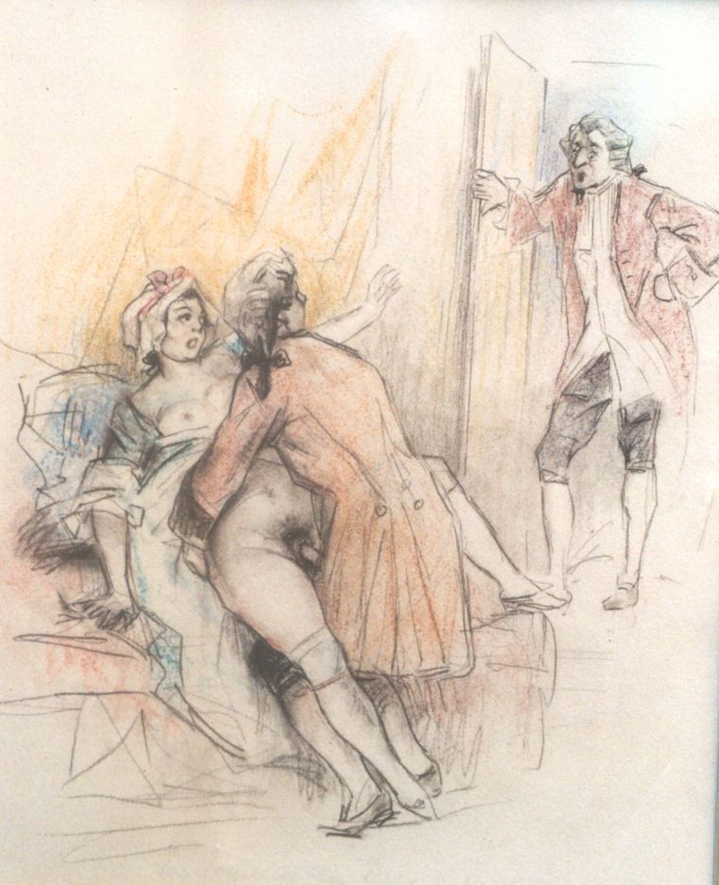 Poulton T.L.  | Thomas Leycester 'Tom' Poulton | Aquarelle und Zeichnungen zum Verkauf angeboten | Vous auriez pu fermer la porte. Si on était rentré!, Farbbleistift auf Papier 21,5 x 18,0 cm