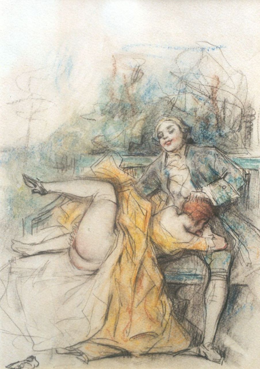 Poulton T.L.  | Thomas Leycester 'Tom' Poulton | Aquarelle und Zeichnungen zum Verkauf angeboten | Société de secours mutuel / Gegenseitige Unterstützung, Farbbleistift auf Papier 21,5 x 18,0 cm