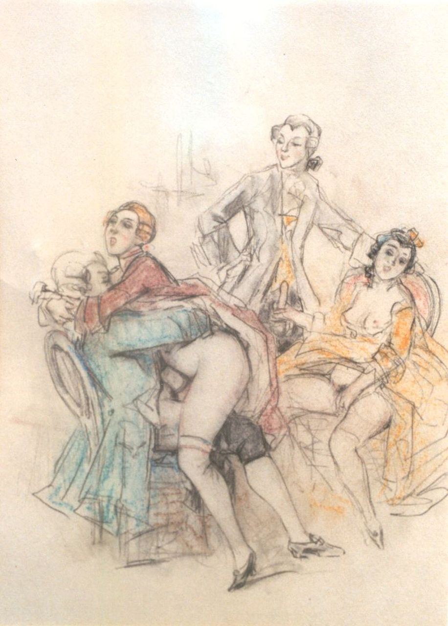 Poulton T.L.  | Thomas Leycester 'Tom' Poulton | Aquarelle und Zeichnungen zum Verkauf angeboten | Réunion mondaine, Farbbleistift auf Papier 21,5 x 18,0 cm