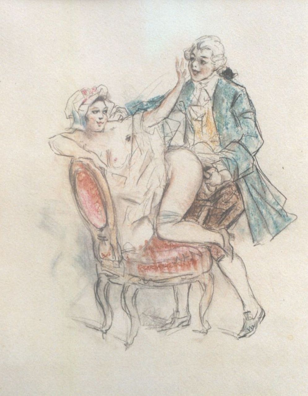 Poulton T.L.  | Thomas Leycester 'Tom' Poulton | Aquarelle und Zeichnungen zum Verkauf angeboten | Tu te trompes brigand!, Farbbleistift auf Papier 21,5 x 18,0 cm