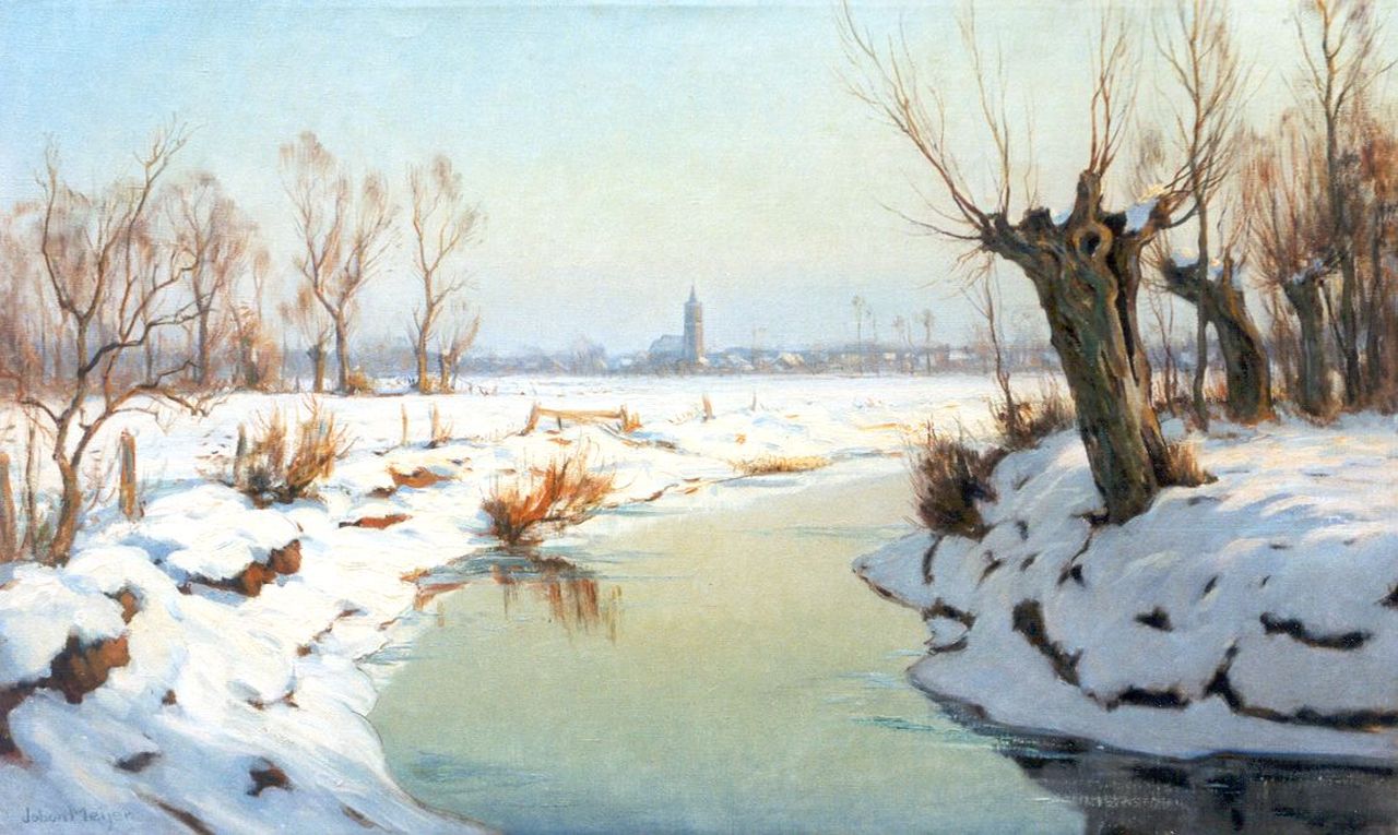 Meijer J.  | Johannes 'Johan' Meijer, A winter landscape, with Blaricum in the distance, Öl auf Leinwand 60,3 x 100,1 cm, signed l.l.