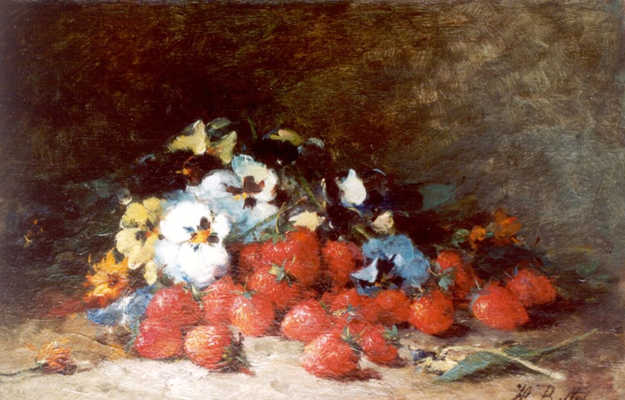 Bellis J.L.  | Josse-Lambert 'Hubert' Bellis, A flower still life with strawberries, Öl auf Leinwand 29,5 x 43,5 cm, signed l.r.