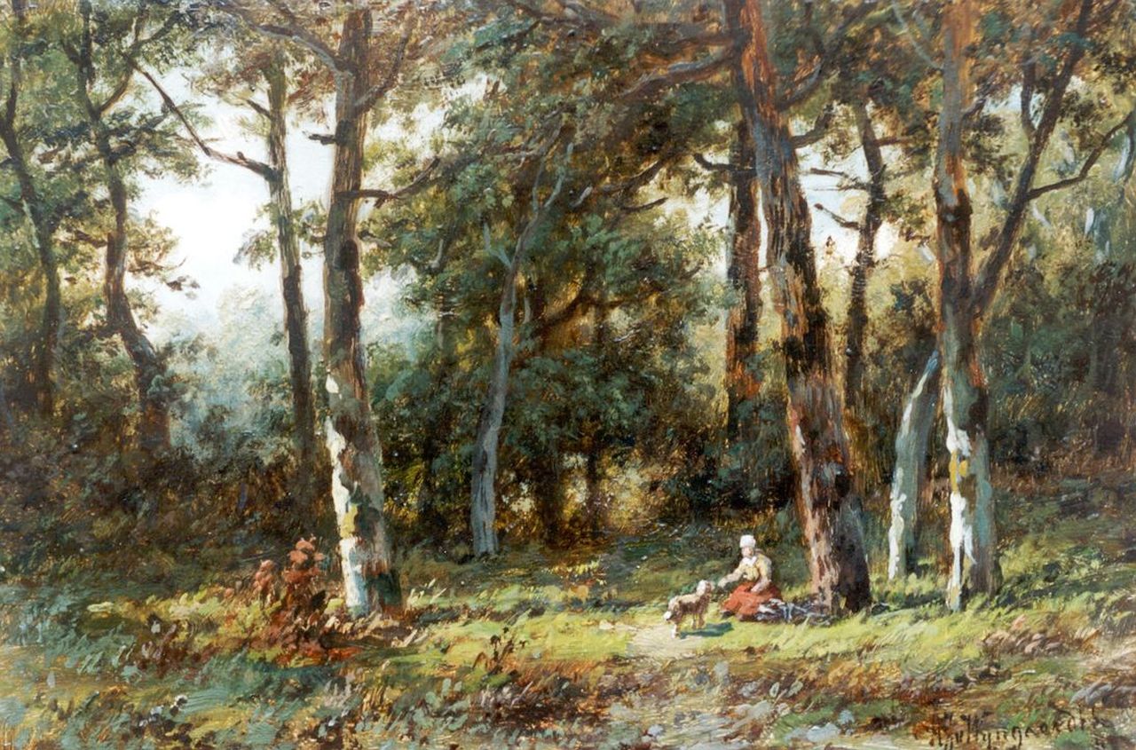 Wijngaerdt A.J. van | Anthonie Jacobus van Wijngaerdt, Travellers resting in a wooded landscape, Öl auf Holz 15,8 x 23,9 cm, signed l.r.