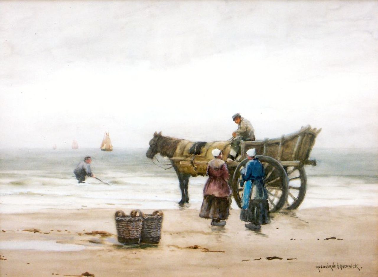 Hardwick M.H.  | Melbourne Havelock Hardwick, Shell-gatherers on the beach of Katwijk, Bleistift und Aquarell auf Papier 45,0 x 59,5 cm, signed l.r.