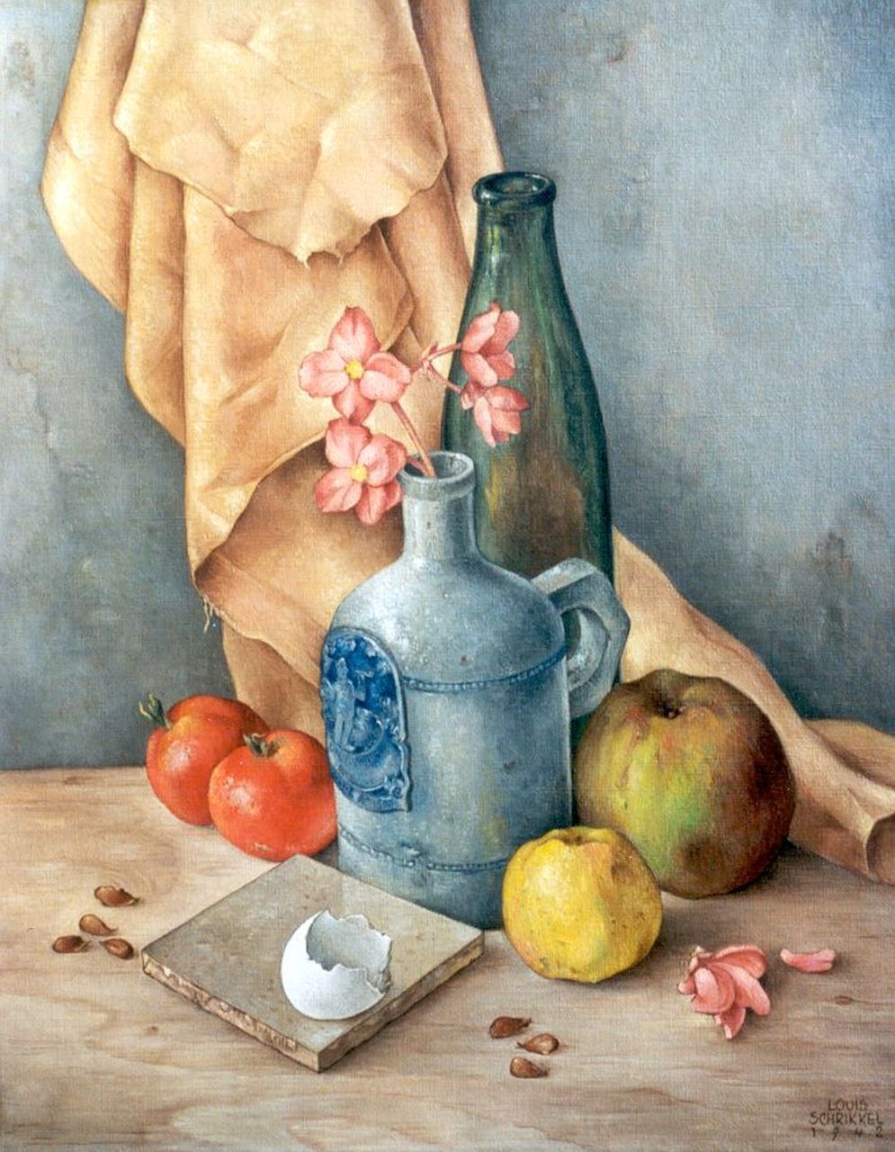 Schrikkel J.L.  | Johannes Lodewijk 'Louis' Schrikkel, A still life with a jug and apples, Öl auf Leinwand 50,0 x 40,2 cm, signed l.r. and on the reverse und dated 1942