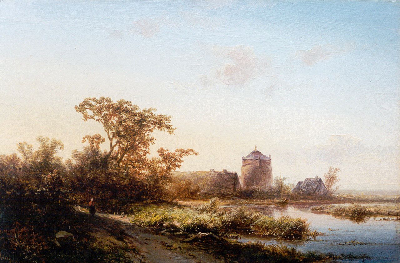 Kluyver P.L.F.  | 'Pieter' Lodewijk Francisco Kluyver, A river landscape at sunset, Öl auf Holz 18,0 x 27,4 cm, signed l.l.