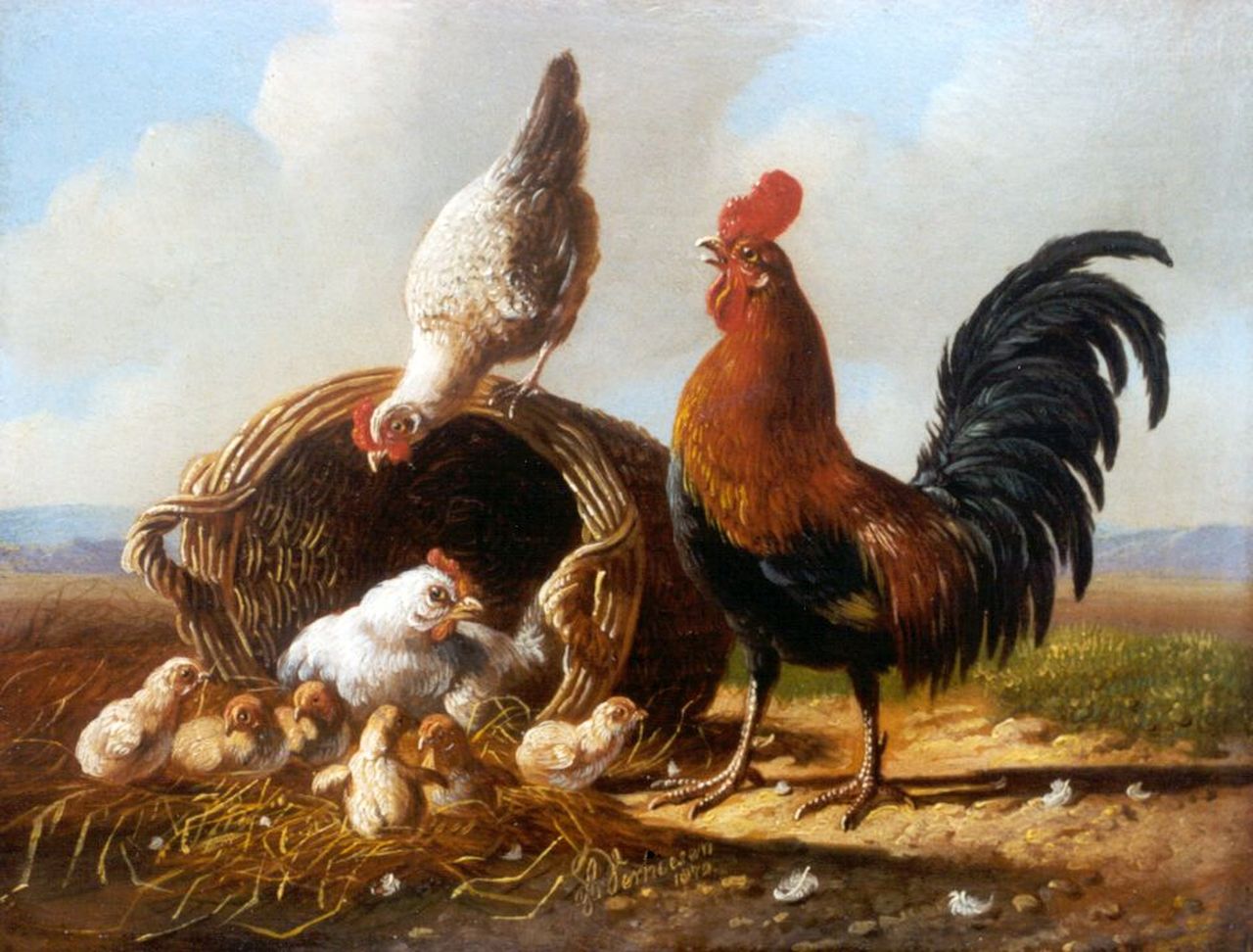 Verhoesen A.  | Albertus Verhoesen, A rooster, hen and chicks, Öl auf Holz 13,5 x 17,1 cm, signed l.c. und dated 1872