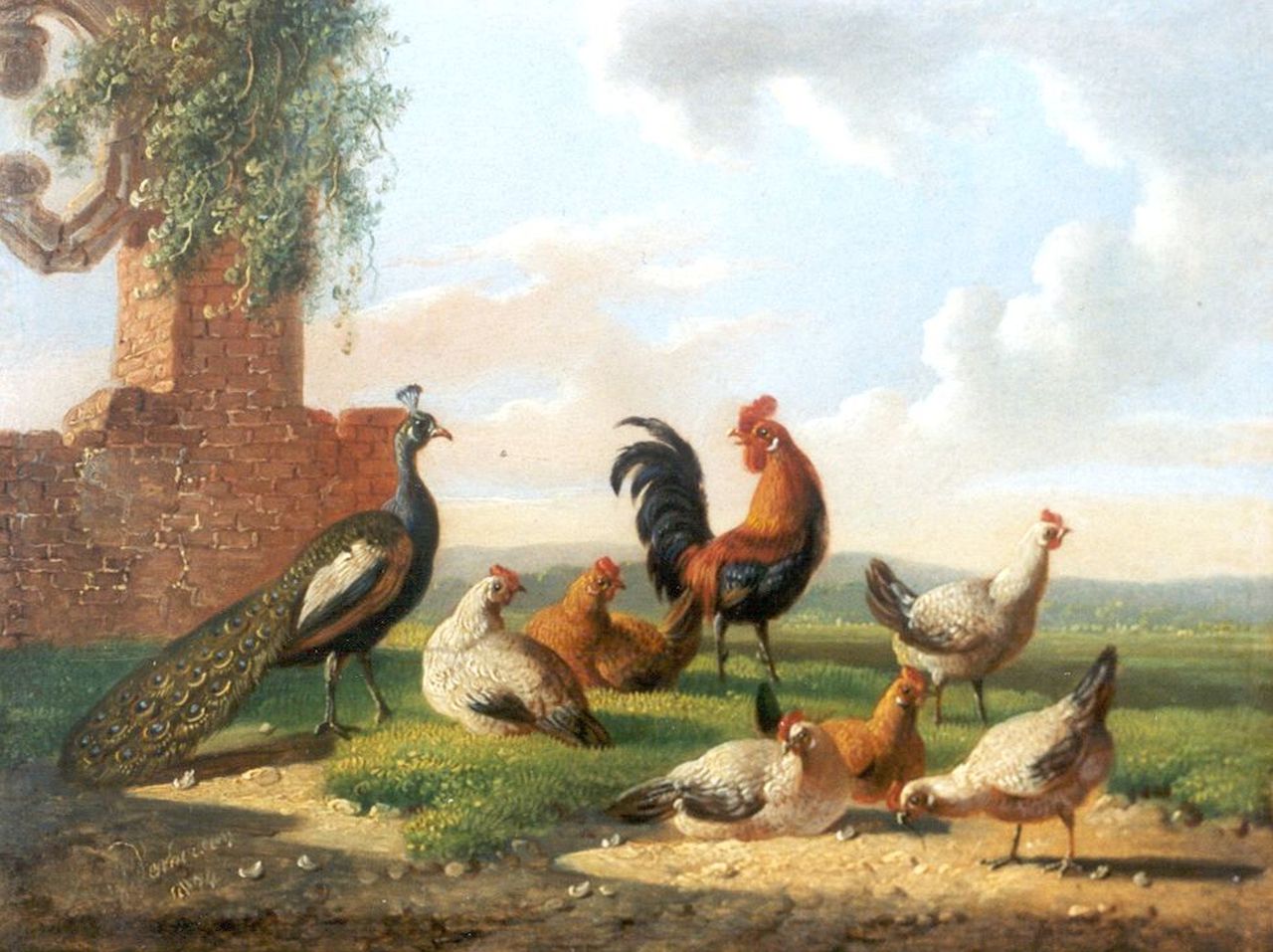 Verhoesen A.  | Albertus Verhoesen, Poultry at a ruin, Öl auf Holz 13,2 x 17,5 cm, signed l.l. und painted 1874