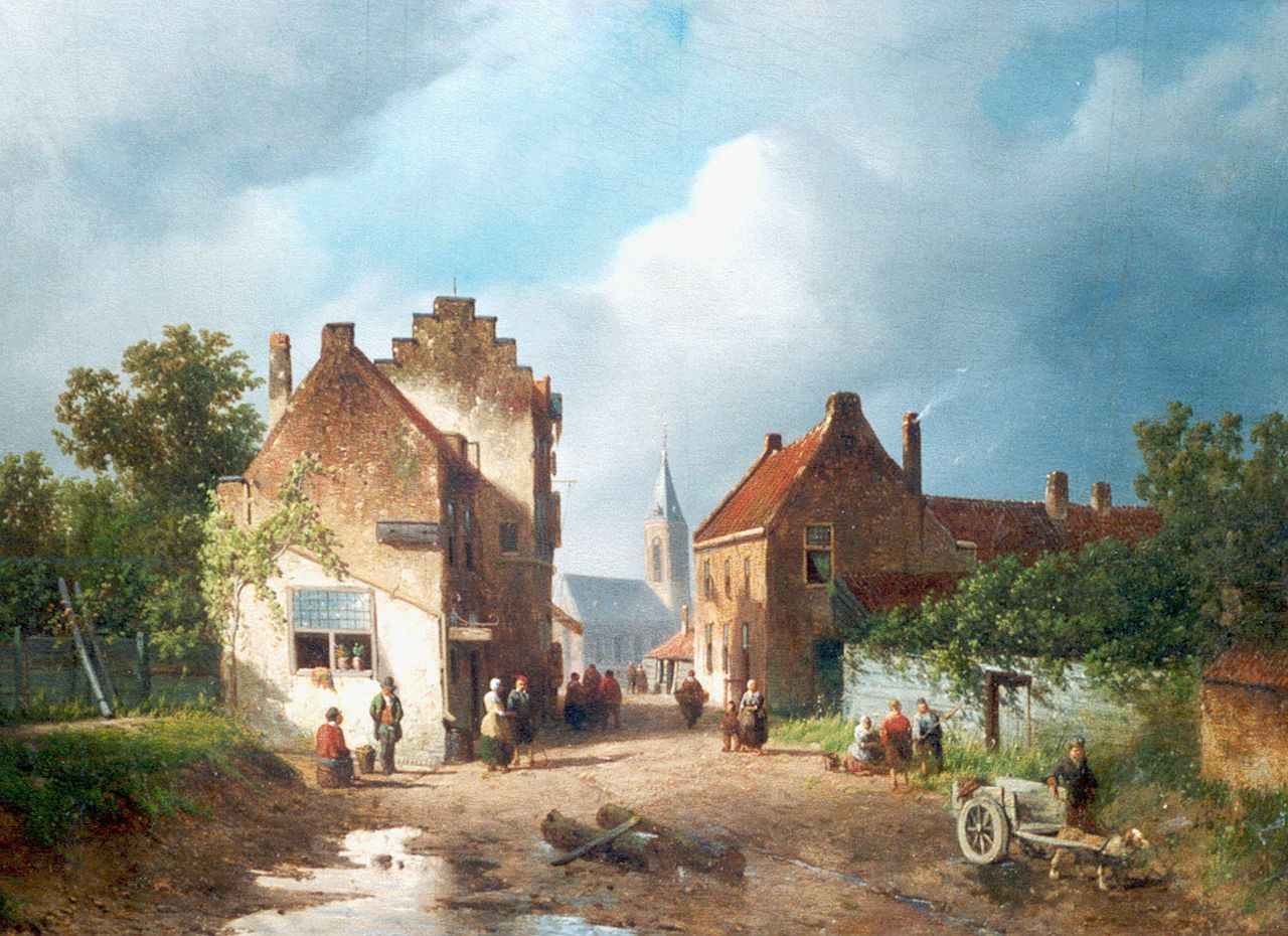 Vrolijk J.A.  | Jacobus 'Adriaan' Vrolijk, A sunlit street, Öl auf Holz 30,8 x 42,1 cm, signed l.r. und dated '49