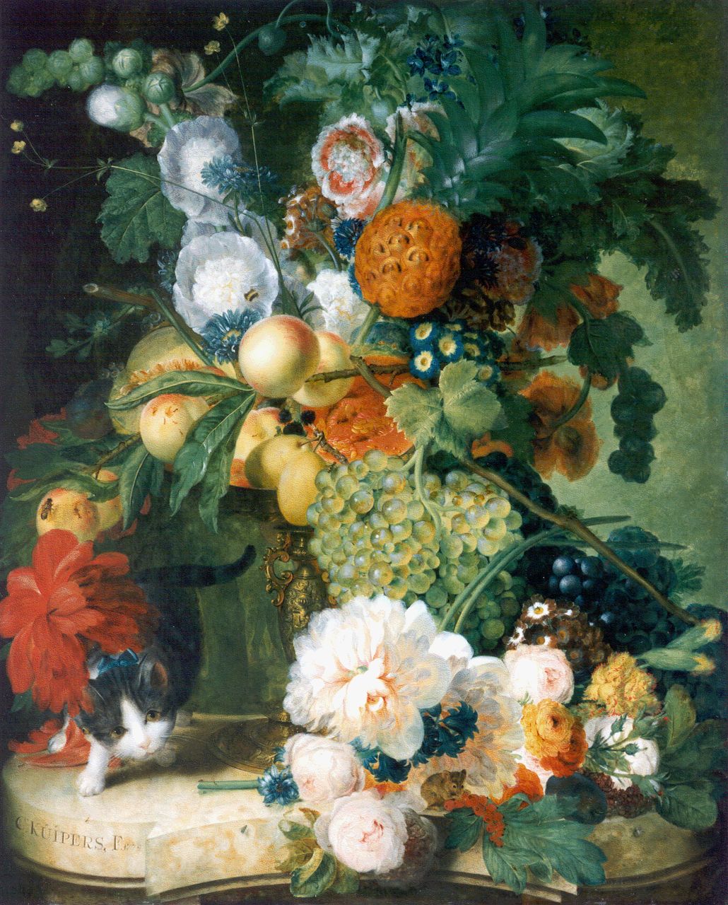 Kuipers C.  | Cornelis Kuipers, A colourful bouquet and a cat on a marble table, Öl auf Holz 87,0 x 70,0 cm, signed l.l. und dated 1779