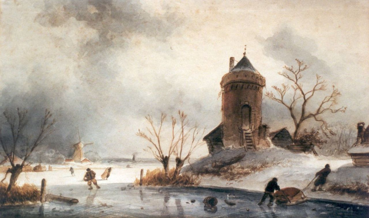 Leickert C.H.J.  | 'Charles' Henri Joseph Leickert, A winter landscape with skaters on the ice, Aquarell auf Papier 20,5 x 34,0 cm, signed l.l.