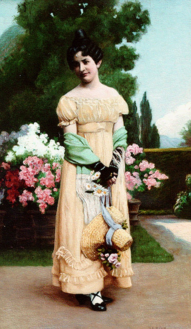Böhm F.J.E.  | François-Jean-Emmanuel Böhm, An elegant lady in a garden, Öl auf Holz 46,0 x 27,2 cm, signed l.r.