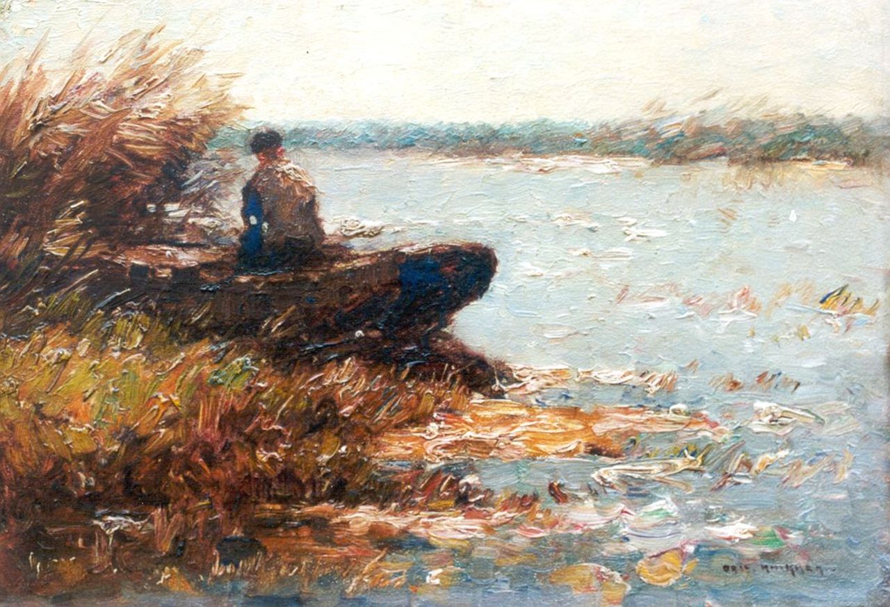 Knikker A.  | Aris Knikker, An angler in a polder landscape, Öl auf Malereifaser 25,9 x 36,9 cm, signed l.r.