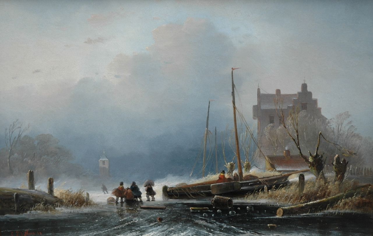 Hoen C.P. 't | Cornelis Petrus 't Hoen, A winter landscape with an iced flatboat, Öl auf Holz 28,1 x 43,5 cm, signed l.l. und dated '50
