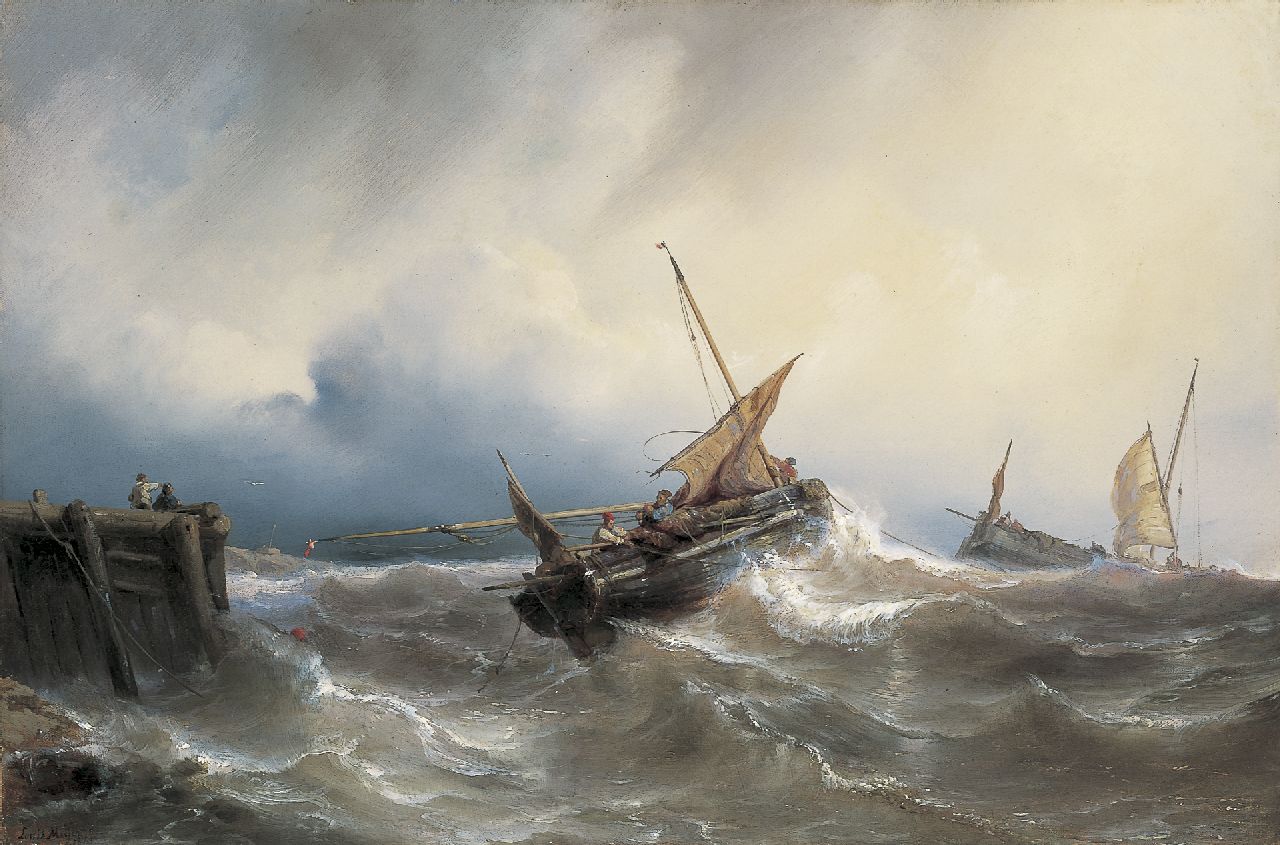 Meijer J.H.L.  | Johan Hendrik 'Louis' Meijer, Sailing vessels off the coast in stormy waters, Öl auf Leinwand 43,0 x 64,9 cm, signed l.l. und dated 1845