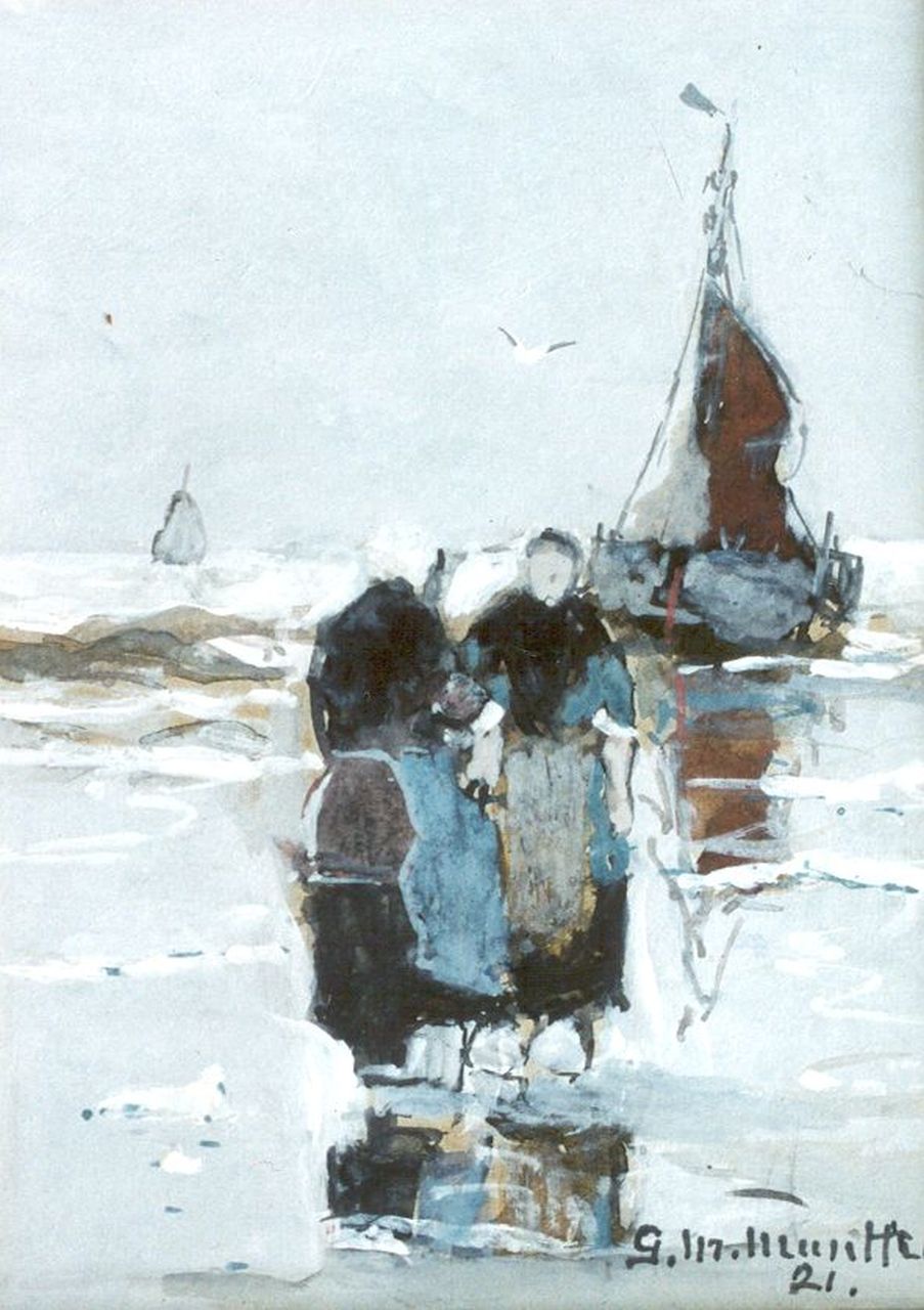 Munthe G.A.L.  | Gerhard Arij Ludwig 'Morgenstjerne' Munthe, Fisherfolk on the beach, Aquarell auf Papier 13,0 x 10,0 cm, signed l.r. und dated '21