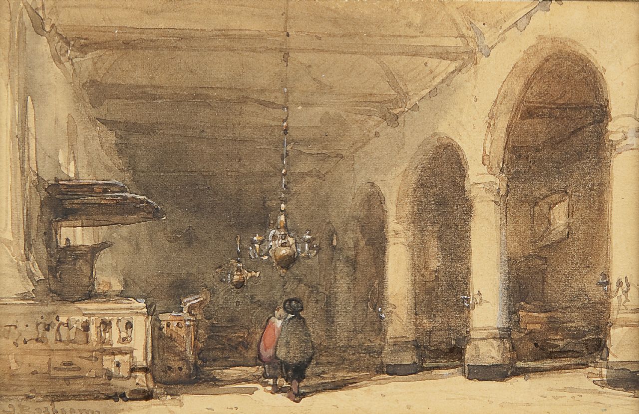 Bosboom J.  | Johannes Bosboom, the Bakenesserkerk, Haarlem, with pulpit, Aquarell auf Papier 9,0 x 13,8 cm, signed l.l.