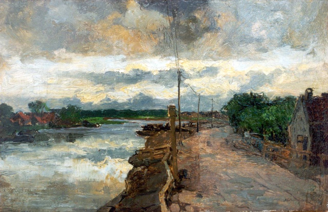 Mastenbroek J.H. van | Johan Hendrik van Mastenbroek, Showery weather, Schiedam, Öl auf Leinwand 21,2 x 32,9 cm, signed l.r. und dated 1905