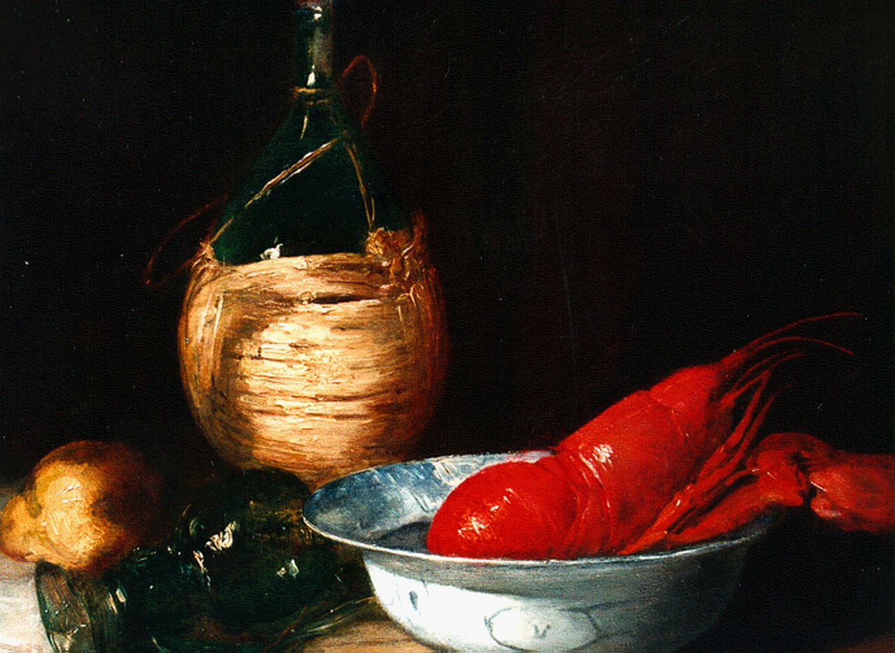 Vollon A.  | Antoine Vollon, Still life with a lobster and winebottle, Öl auf Leinwand 38,5 x 46,5 cm, signed l.r.