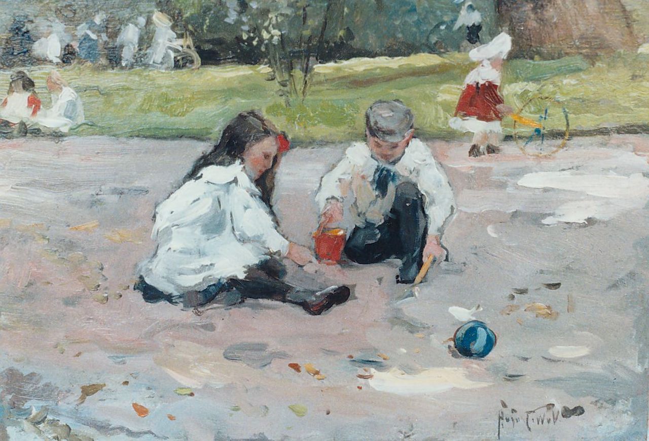 Voorden A.W. van | August Willem van Voorden, Children playing in a parc, Öl auf Holzfaser 22,5 x 32,5 cm, signed l.r. with initials