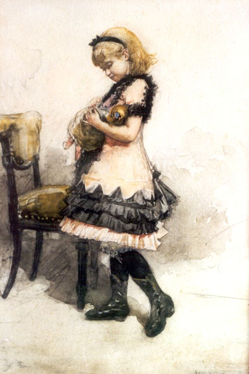 Haverman H.J.  | Hendrik Johannes Haverman, A Girl with a Doll, Bleistift, Kreide und Aquarell auf Papier 31,5 x 21,5 cm, signed l.r.