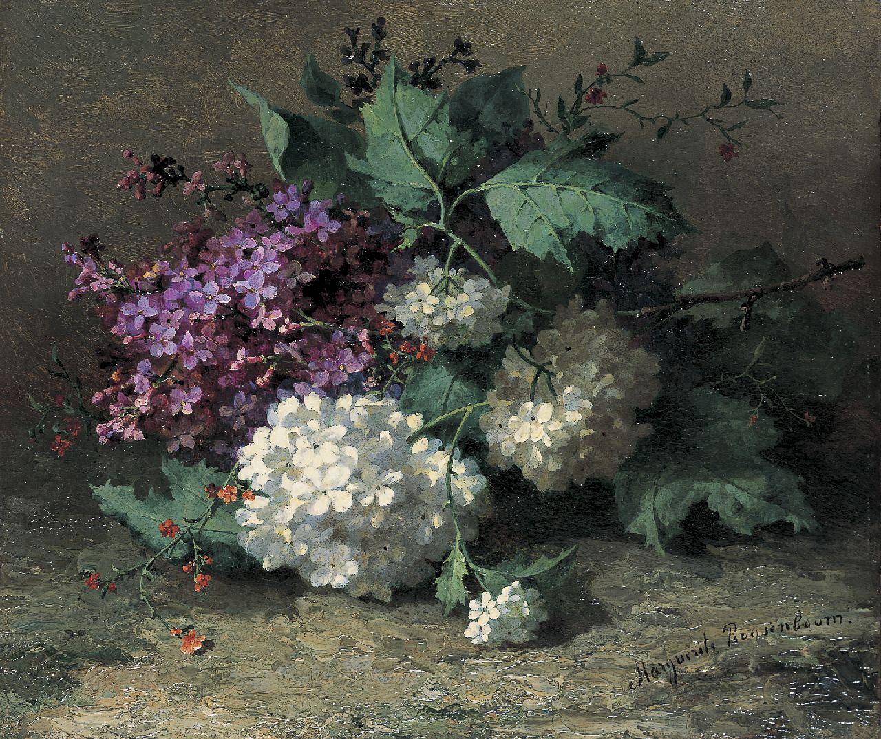 Roosenboom M.C.J.W.H.  | 'Margaretha' Cornelia Johanna Wilhelmina Henriëtta Roosenboom, A still life with lilacs, Öl auf Leinwand auf Holz 26,3 x 31,1 cm, signed l.r.