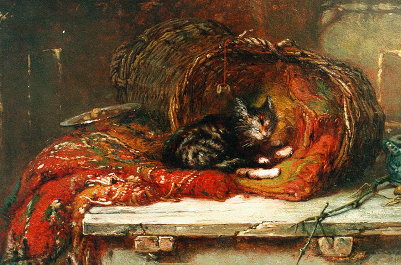 Vos M.  | Maria Vos, A still life with a cat, Öl auf Holz 22,8 x 30,4 cm